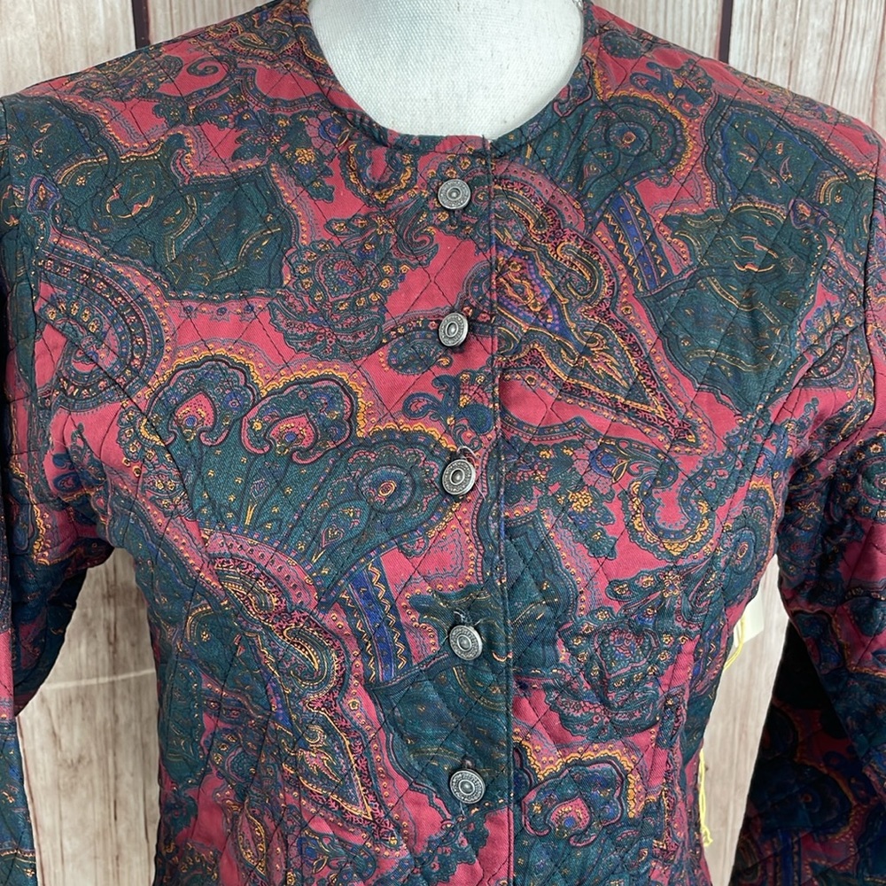 Kenneth Gordon Quilted Paisley Fitted Jacket Burgundy/Green/Yellow/Blue Size 4 - Picture 4 of 12